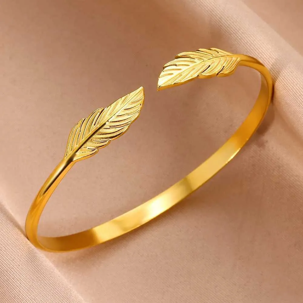 Charm Bracelets Stainless Steel Feather Bracelet For Women Vintage Gold Colr Designer Jewelry Aesthetic Bangle Daily_ipsvogv.com