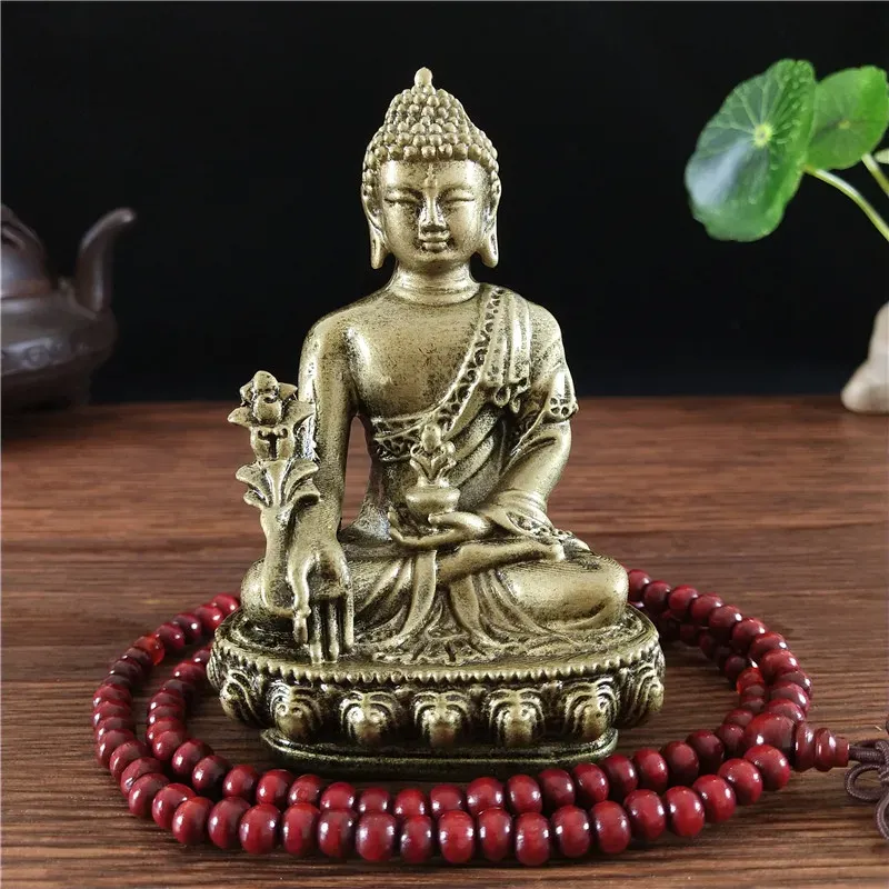 Sculptures Bronze Color Medicine Buddha Statue With Necklace Ornament Resin Feng Shui Buddha Sculpture Home Offic Garden Decoration Gift