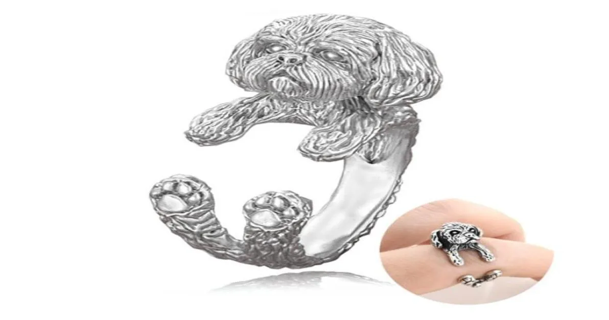 Pierścienie klastra vintage srebrny kolor boho słodki shih tzu lhasa apso psie szczenięta kształt Pierścień For Women Girl Diving Dift Pet Lover 3769252