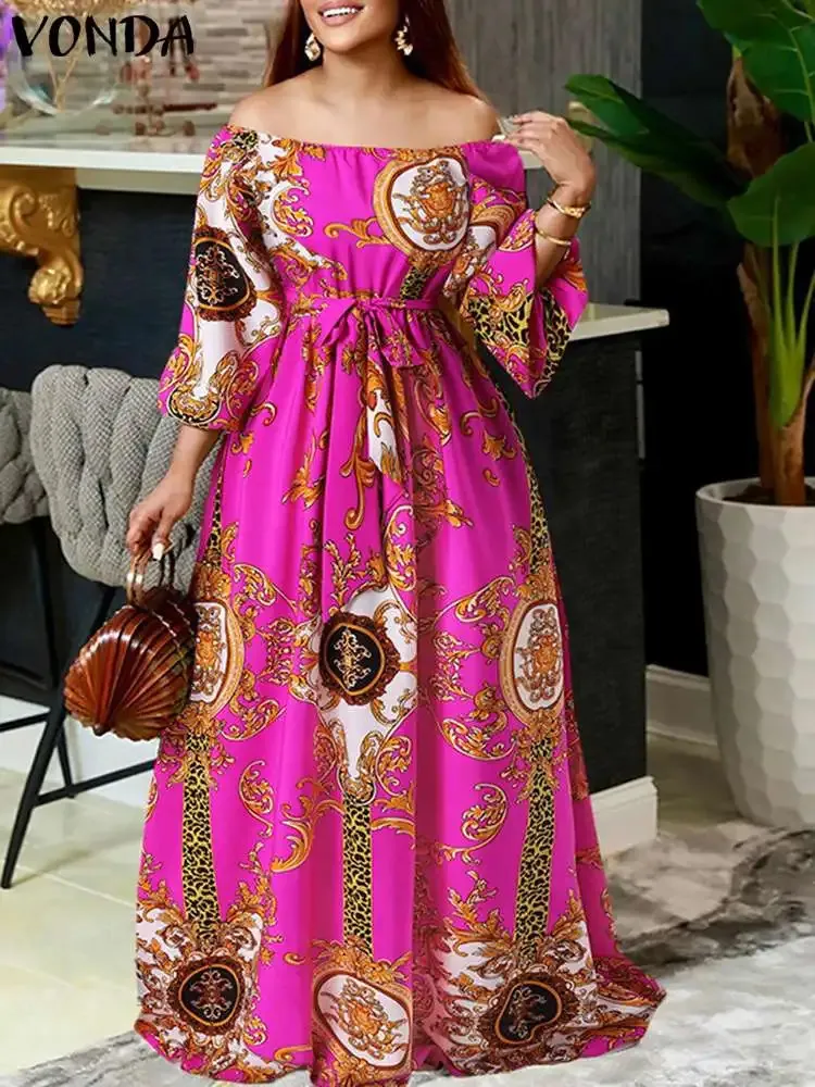 Vonda Frauen bedruckte Partykleid 2023 sexy Off Schulter Langer Laternenhülle Bohemian Sundeger