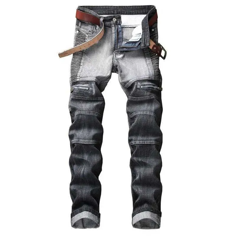 2020 High Quty Men Casual Jeans Coated Slim Straight Pleated Biker Jeans Pants Male Denim Casual Pants Plus Size 42
