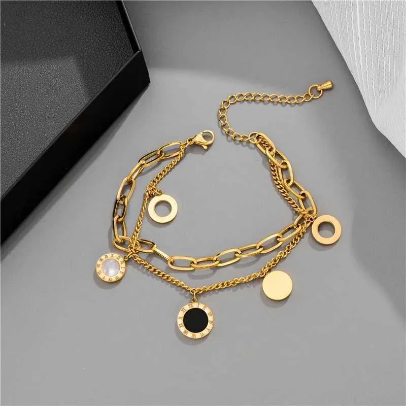 Bangle MEYRROYU Stainless Steel Layered Golden Pendant For Women Retro Punk Gothic Portrait Coin Cross Pearl Bracelet_voghion.com