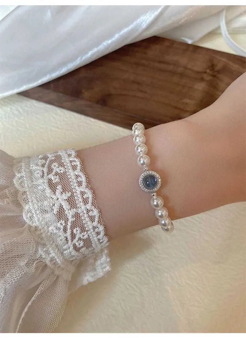 Bangle Elegant Aquamarine Gemstone Zircon for Women Round Sier Color Rhinestone Pearl Bracelets Wedding Jewelry Gift_ipsvogv.com
