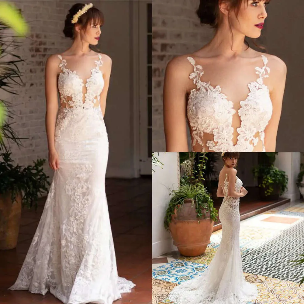 Anat Neck Sheer Appliques Naama Lace Dresses Mermaid Style Wedding Dress Charming Backless Bridal Gowns