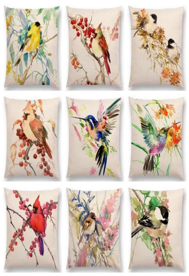 Aquarell süße Vögel Robin Tit Finch Hummingbird Goldfinch Chickadee Kardinal Kingsiger Blumen Kissen Sofa Pillow9436122