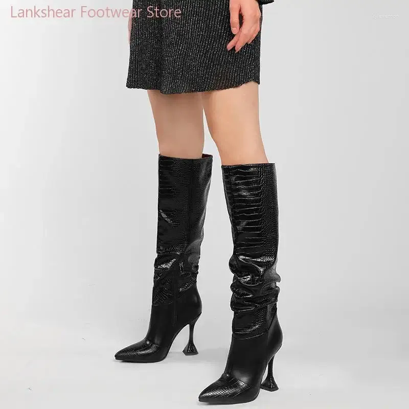 Boots Fashion Black Crocodile Print Chaussures pour femmes pointues