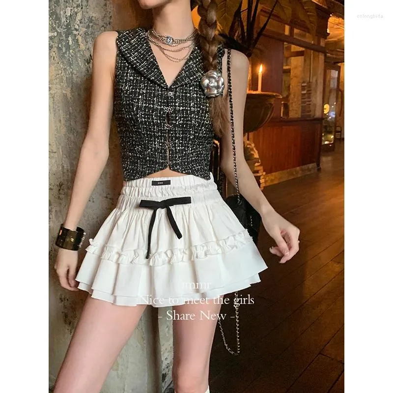 Skirts Millennial Tie Pleated Skirt With Shorts Women Korean Preppy Style Bow Patchwork White Cute Mini 2024 Summer Gyaru