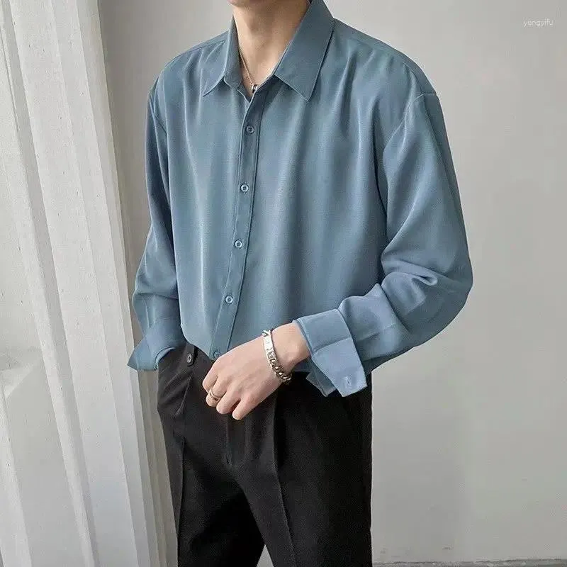 Camisas casuais masculinas estilo coreano Men camisa de vestido de manga longa de cor sólida cortina de seda de seda de seda no verão solto para roupas
