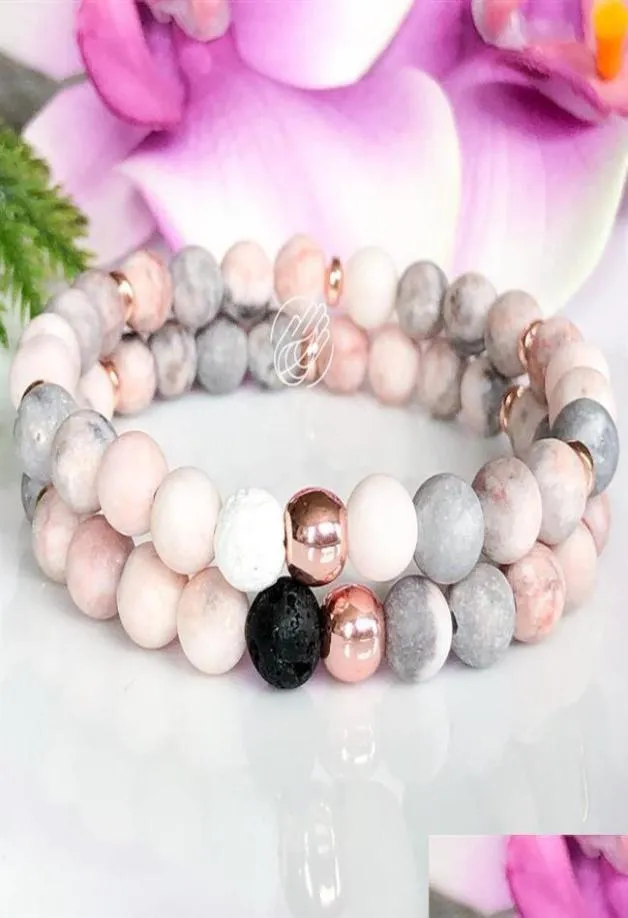 Cristalli di guarigione del braccialetto naturale di pietra naturale zebra rosa con perline per donne diffusore per olio essenziale di roccia di lava