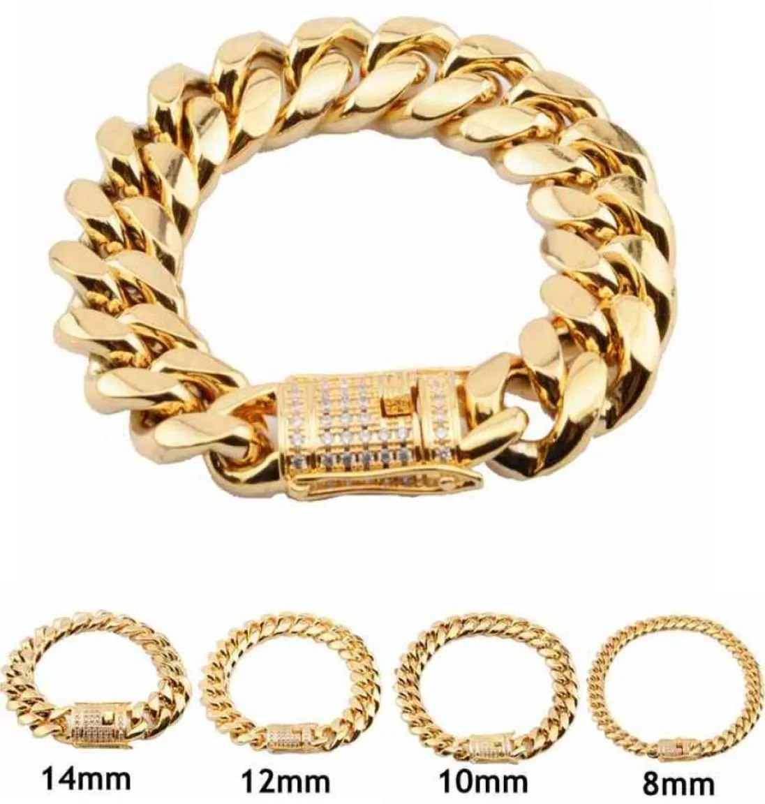 Bijoux de poignet European Hops Haps 8101214mm 18k Gold Chunky Stainls Steel Cuban Chain Bracelet pour Men11815429210993