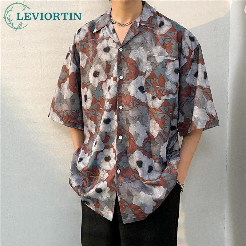 Summer Mens Thin Print Short Sleeve Versatile Vintage Men Streetwear Oversized Shirts Hip Hop Graphic Shirt Harajuku Loose Tops 240430