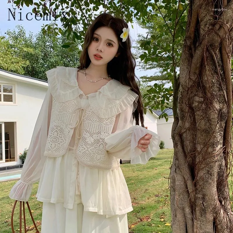 Women's Blouses Spring Fashion Women Clothes Lace Chiffon Shirt Ruffle Neck Sweet Ladies H-shaped Long Sleeve Vest Two Piece Set