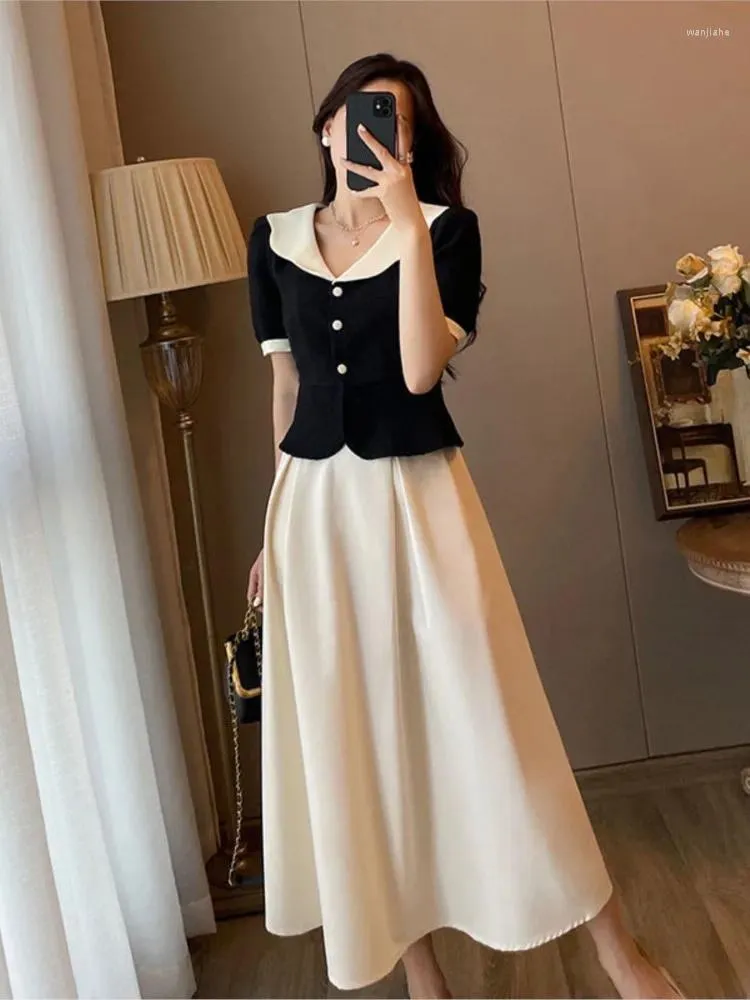 DHgate Vintage Two Piece Midi Dress Korean Office Ladies Elegant Summer Work Wear Apparel