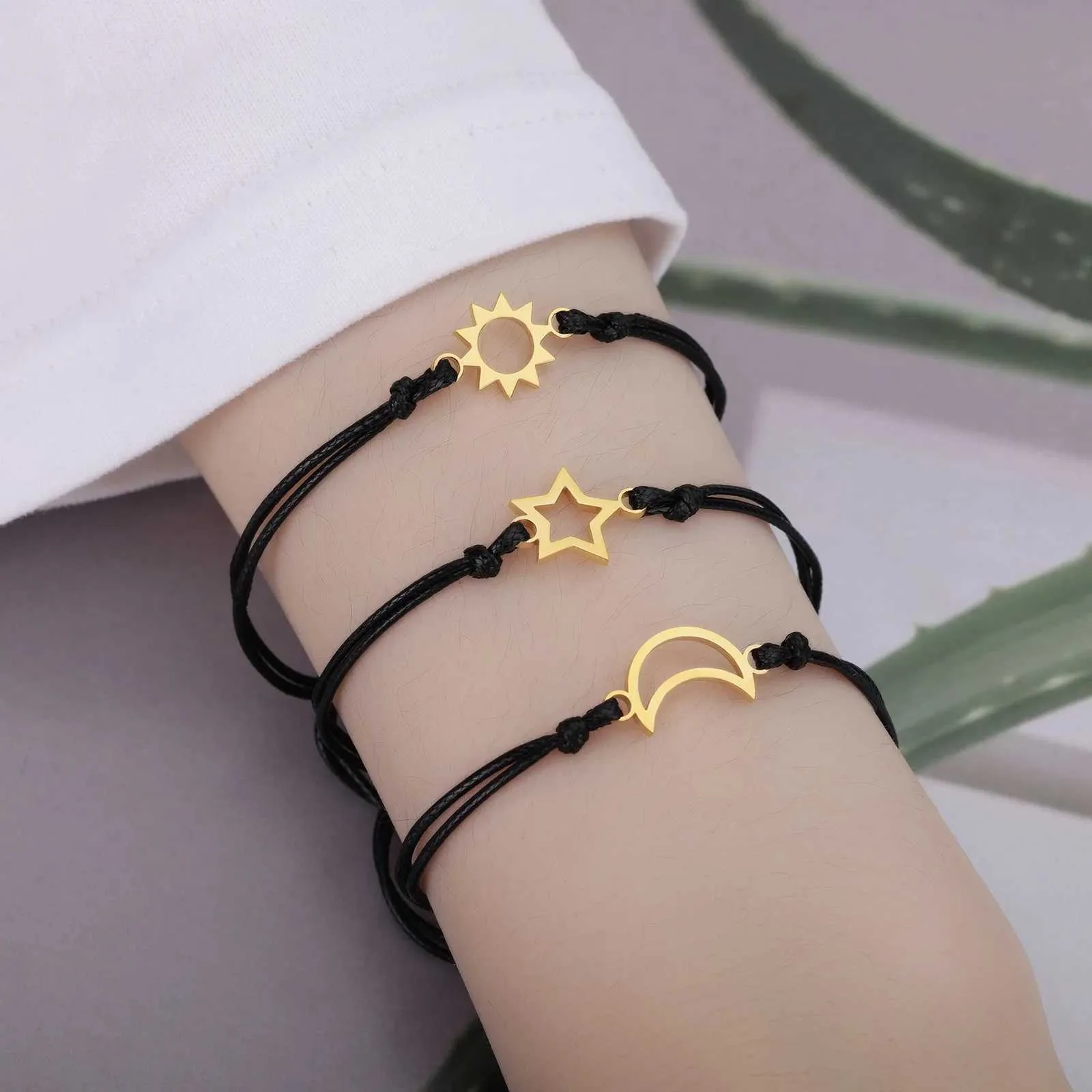 Armreif 3-teilig/Set Sonne Mond Stern für Frauen Edelstahl Paar Armbänder Handgefertigter Schmuck Freundschaftsgeschenk Freundin_voghion.com
