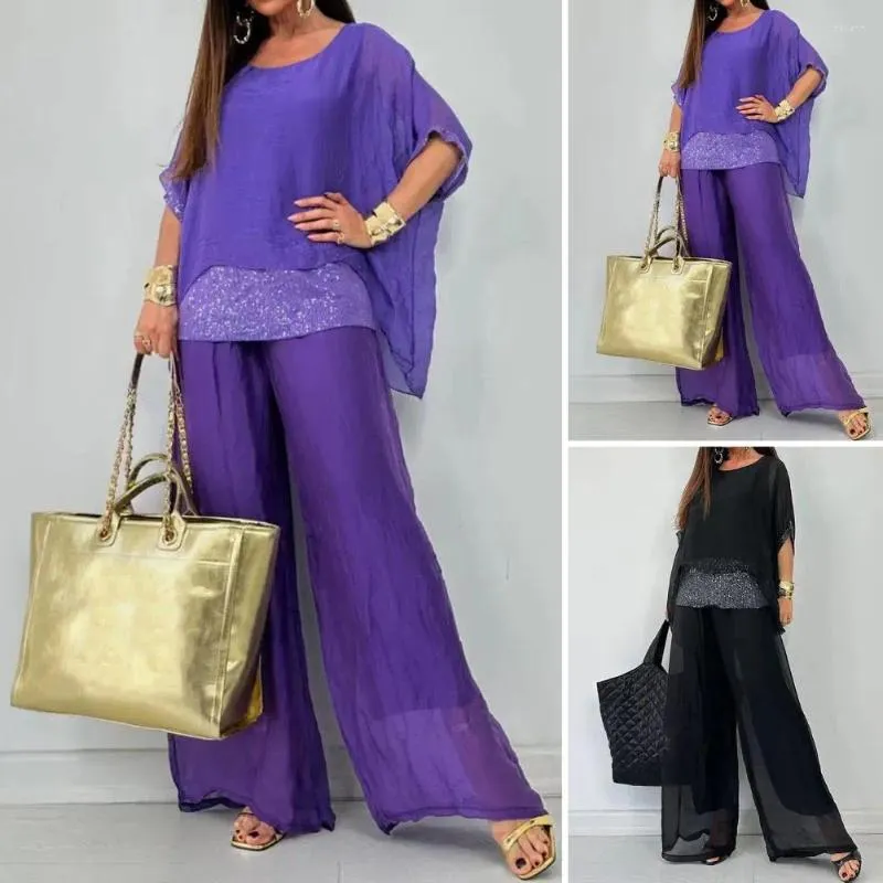 Women's Two Piece Pants 2Pcs Shiny Women Sequin Top Wide-leg Set Casual Dolman Sleeve Suit Bat Wide Leg Trousers For