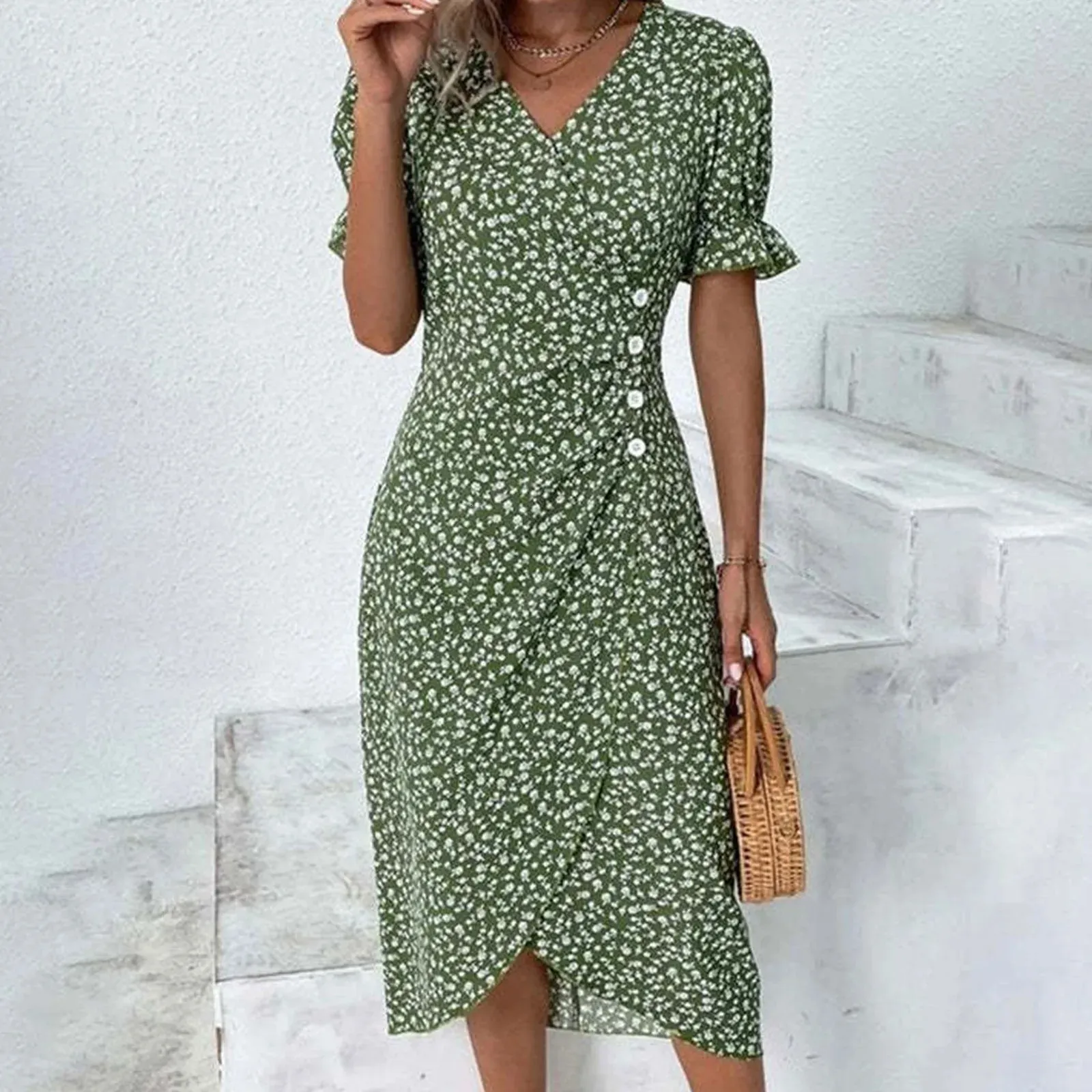 Summer Floral Bodycon Midi Dress for Women Sleeveless V-Neck Knee-Length  Polyester Knit Dress from Dhgate Basic & Casual Dresses - price 32.95