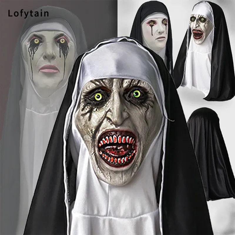 Masks Halloween Horror Nun Latex Mask Sister Headscarf Cosplay Scary Ghost Face Headgear Headpiece Carnival Party Costume Props