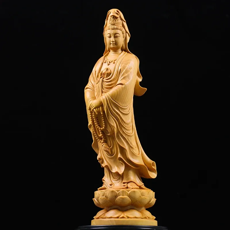 Skulpturen Feng Shui Buddha Dekoration Stehend Guanyin Bodhisattva Huangyang Holzstatue Starke Schnitzhandwerkhandwerk