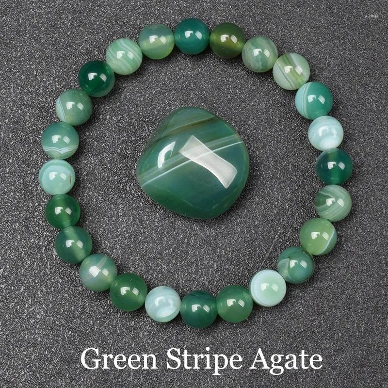 Stand Natural Green Stripes Agates Beads Bracelet Femmes Hommes Polonais Polonais Round Générerie de pierre Bijoux de guérison