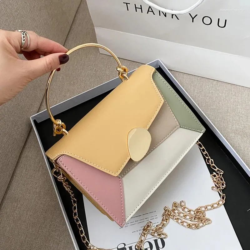 Bag Color Block PU Leather Crossbody Bags For Women 2024 Chain Handbags Metal Top Handle Classic Shoulder Small Totes Bolsos