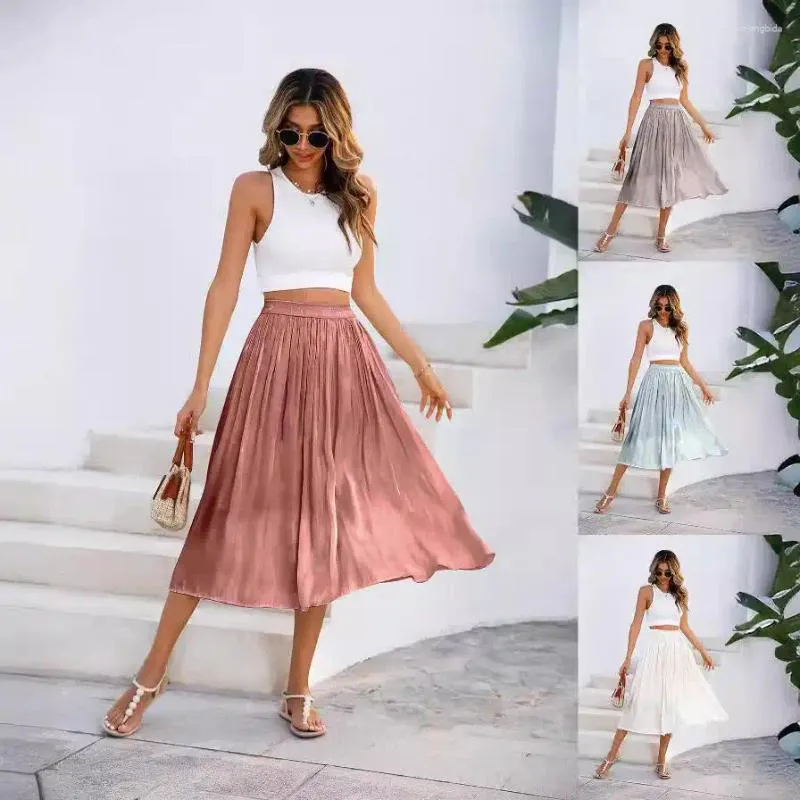 Kjolar 2024 vår- och höstkvinnans halv längd kjol med pärlstyg som flyter elegant stil veckad