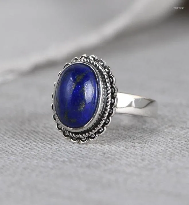 Cluster anneaux fnj 925 Silver Lapis Lazuli Real Original S925 Ring Prue solide pour femmes bijoux Vintage Ovale Flower8702629