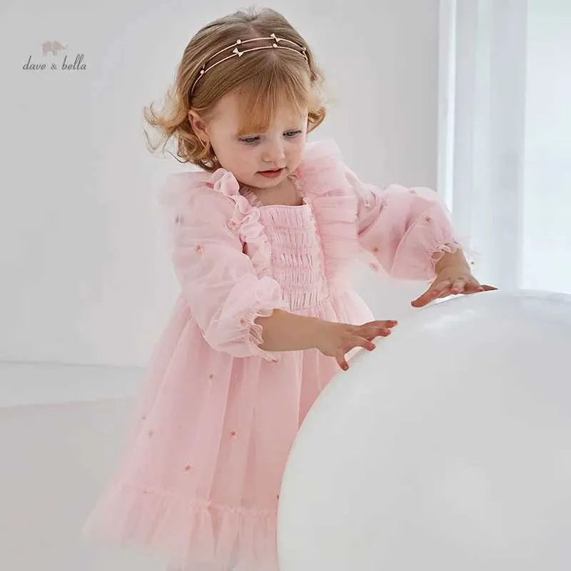 Sukienki dla dziewczyn Dave Bella Princess Dress Girl and Childrens 2024 Spring Festival Noble Charm Sweet and Cute Mesh Pink Fashion Party DB1247862L240508