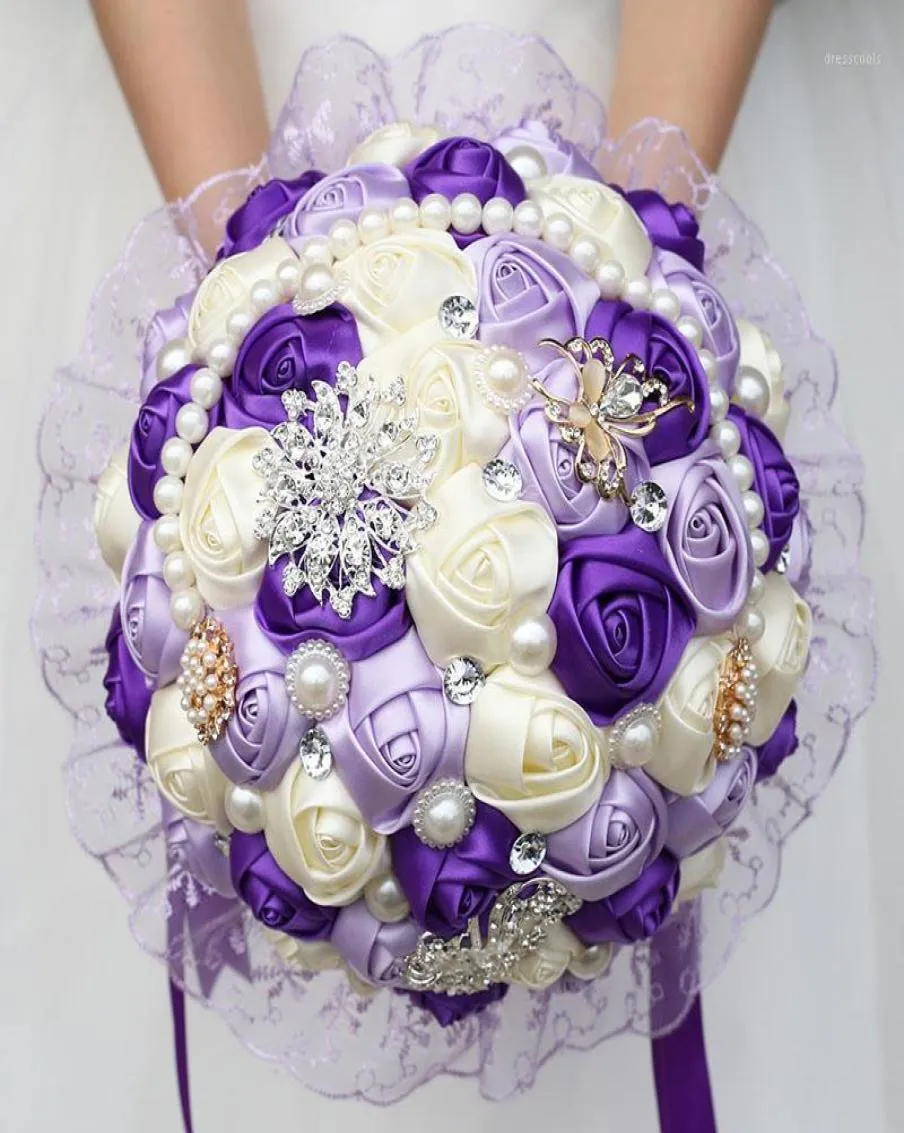 Stora lila brudbröllop Bouquet Pearl Bridesmaid Artificial Flowers Buque de Noiva Diamond Bouquets Marriage Gift W28012118762
