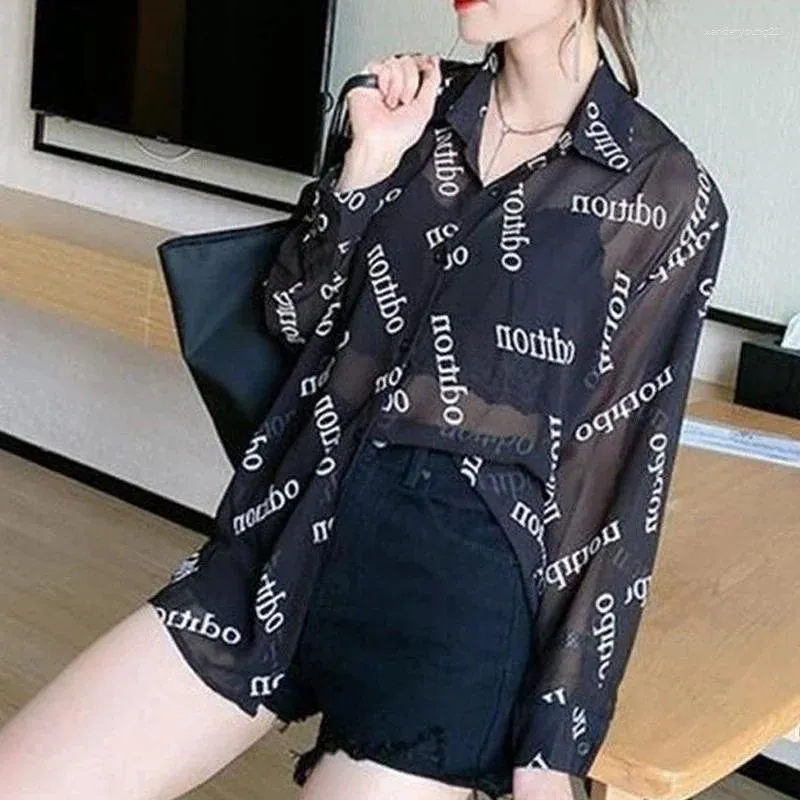 Dames blouses dames brief afdrukken sexy dunne button up shirt shirt zomers mode zonnebrandcrème oversized blouse casual lange mouw streetwear