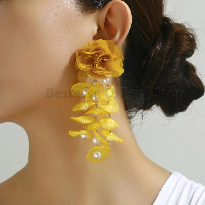 Boucles d'oreilles en peluche coréenne imitation fleur de fleur de perle pour femmes conception originale luxe élégant long pendentif fête des bijoux