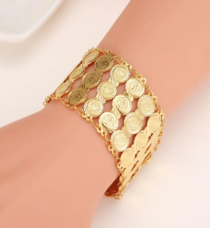 Arabiska armband kvinnor 18 K Solid GF Gold Coins Bangle Islam Middle East Chain Jewelry 190 30 mm 35mm bred8819016