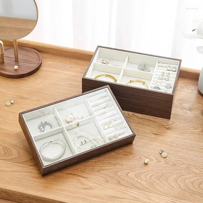 Storage Bags Wooden Jewelry Box With Clear Lid Display Drawer Tray Women Men Earrings Ring Organizer Case