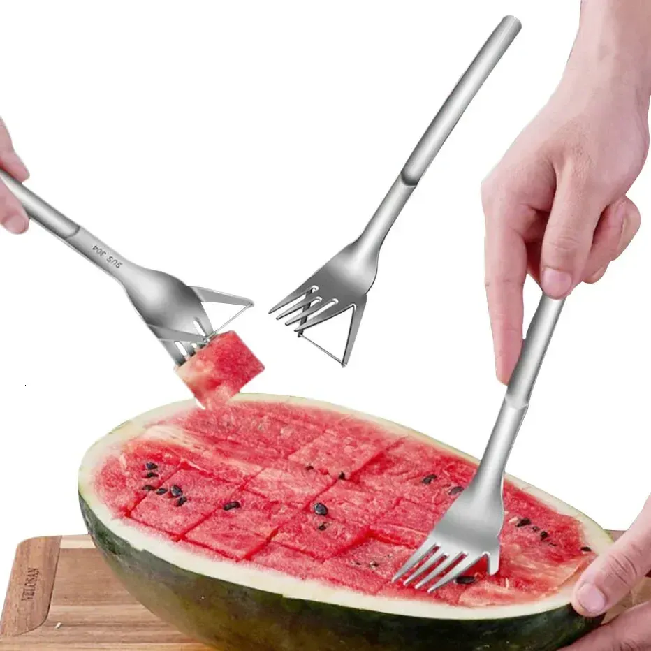 2IN1 Watermelon Cutter ze stali nierdzewnej Slicer Slicker Watermeton Cour Tong Watermenlon Cut narzędzie z widelcem 240508