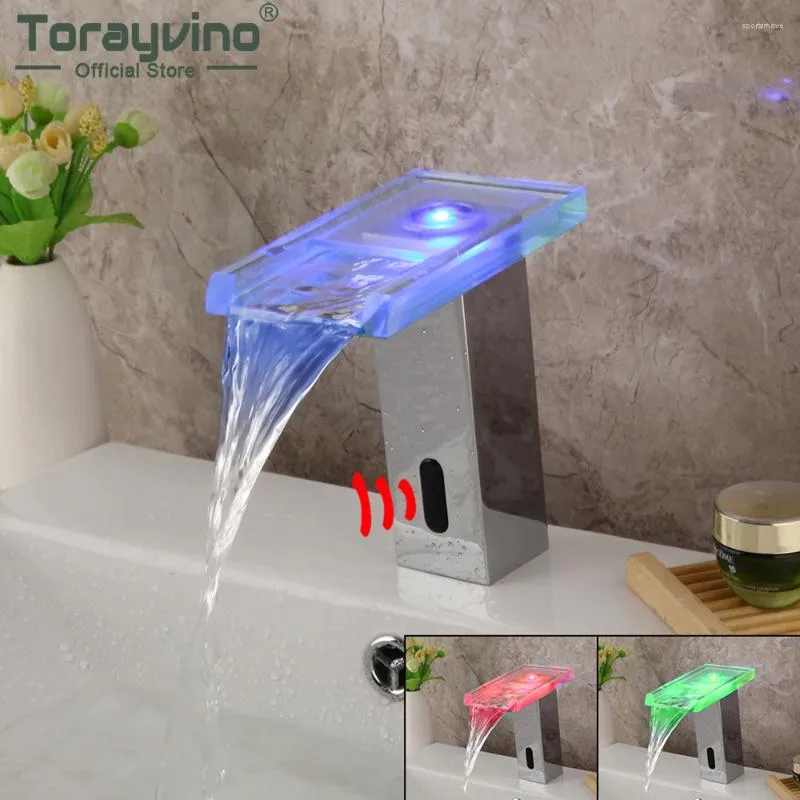 Zlew łazienki krany Torayvino światło LED indukcja kran mosiężny stały automatyczny czujnik basenu wodospad mikser woda kran wodny