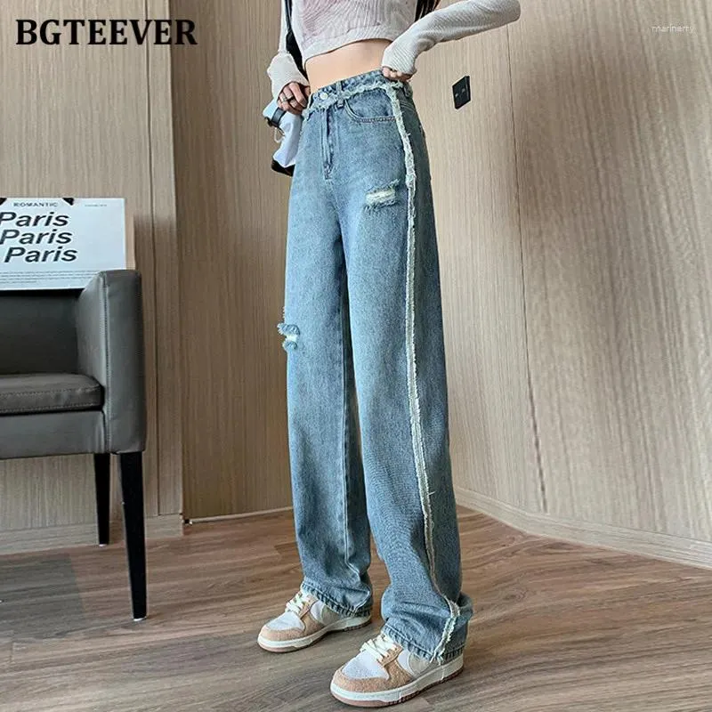 Jeans pour femmes Bgteever Chic Fashion Ladies Ripped Holes Pantalon à jambes larges 2024 Summer High TAIL