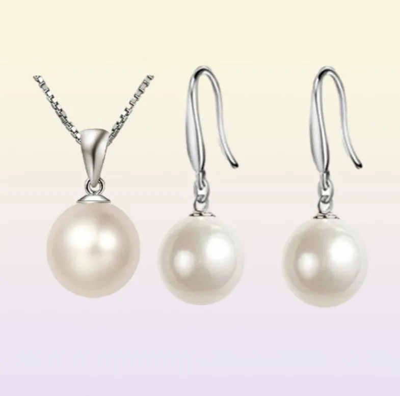 Mode Frauen Perlenschmuck Set 925 Silber Box Kette 10 mm 12 mm glatter Perlenkugel Perlen Halskette Ohrringe Schmuck Set 105896001