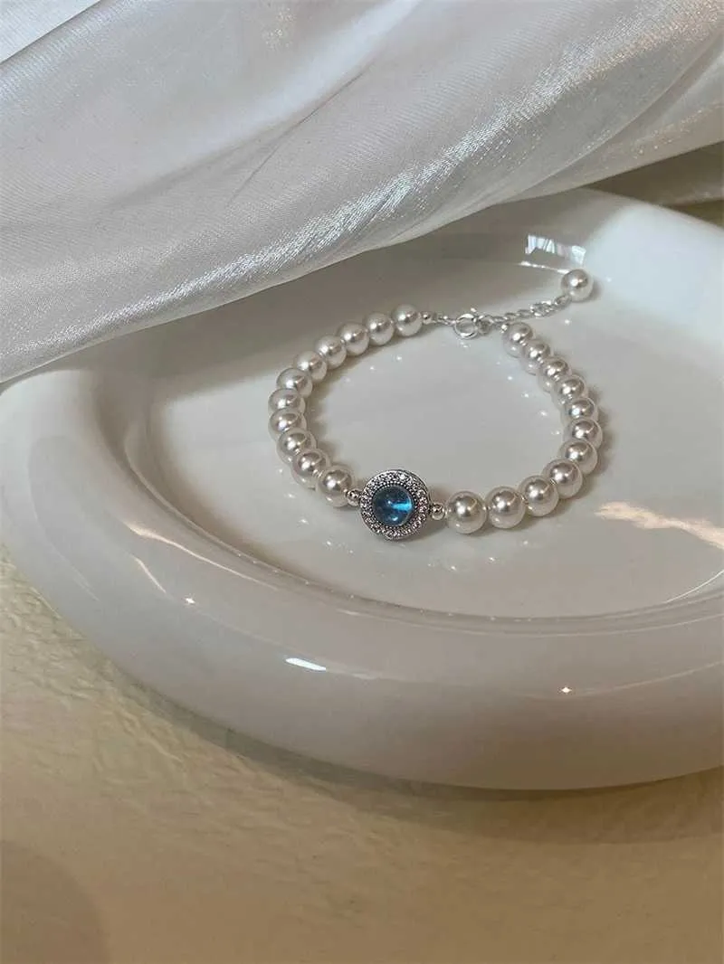 Bangle Elegant Aquamarine Gemstone Zircon for Women Round Sier Color Rhinestone Pearl Bracelets Wedding Jewelry Gift_ipsvogv.com