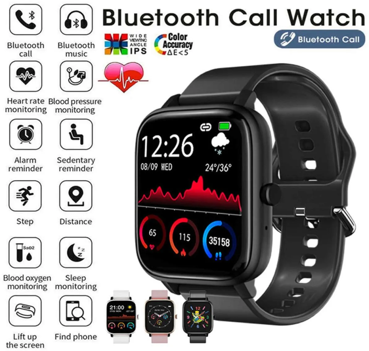 2021 Bluetooth Call Smart Watch hjärtfrekvens Pedometer Vattentäta män Kvinnor Titta på kamera och musik för Amazfit Apple WristBand8424261