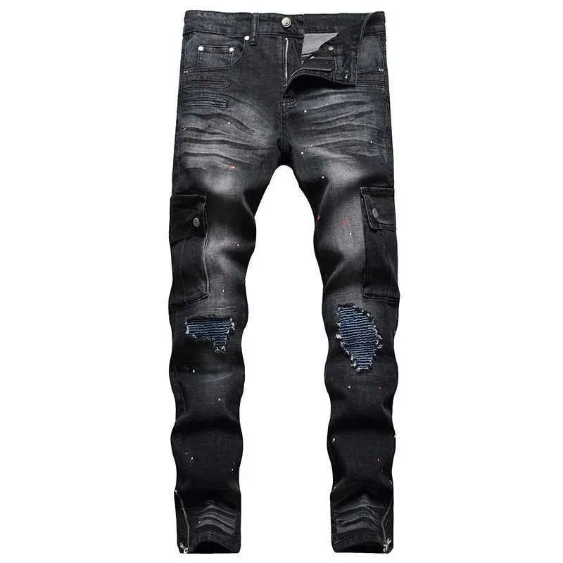 Jeans maschile 2023 uomini alti quty casual jeans neri vernice slim driver hole motociclista jeans jean homme maschio denim pantaloni più dimensioni 44 t240507