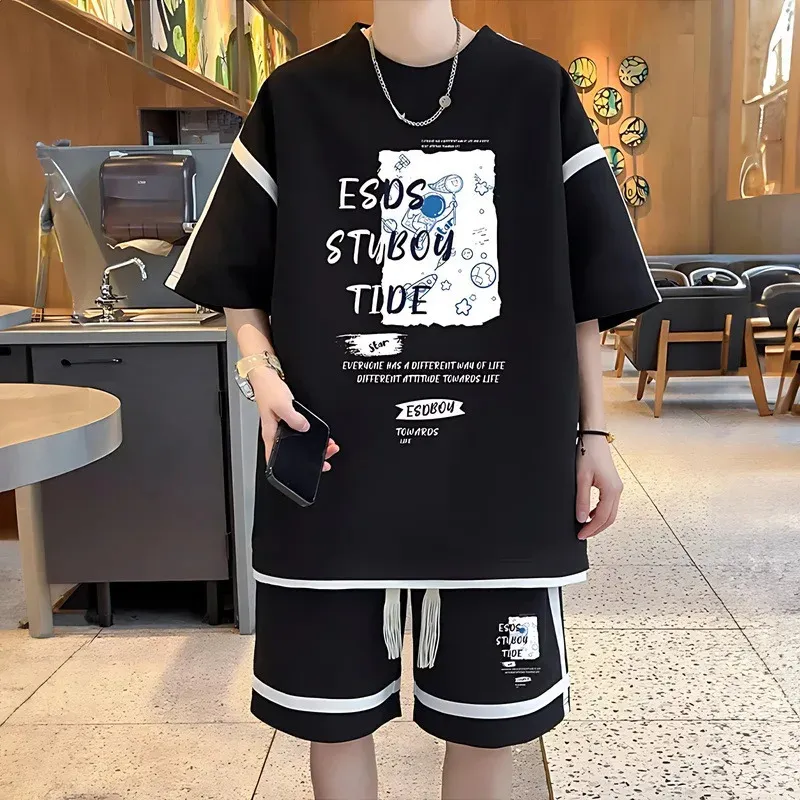 S6XL Summer Oversized Mens Set Korean Casual Sports Suit Breathable Tshirts Shorts 2 Piece High Street Clothing 240426