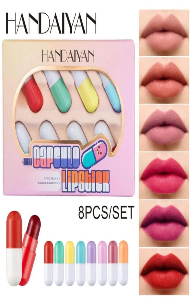 Handaiyan Mini Capsule Lipstick 8カラーセットピルポータブルリップスティックマットリップグロスバームかわいいチャップスティックメイクアップ261U3762342