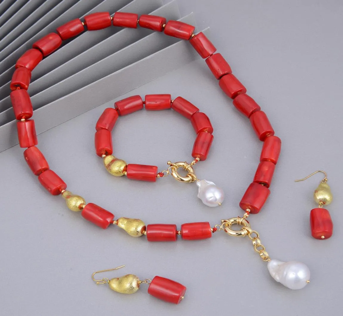 Guaiguai sieraden natuurlijke witte barokke parel rode koralen gouden kleur vergulde geborsteld kralen ketting armband oorbellen sets voor vrouwen4096517