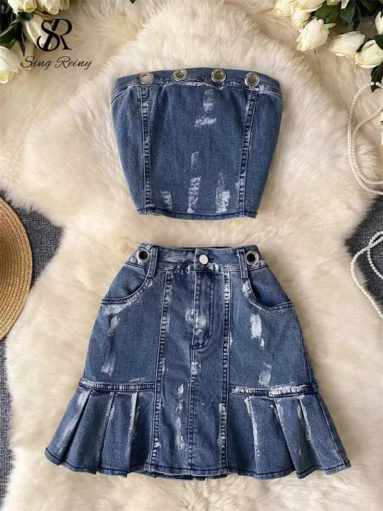 Vestido de duas peças Sirreiny de alta qualidade se sexy conjuntos de jeans strapless camis top+bolsos zíper saia curta chique verão strtwear hotswt ternos y240508