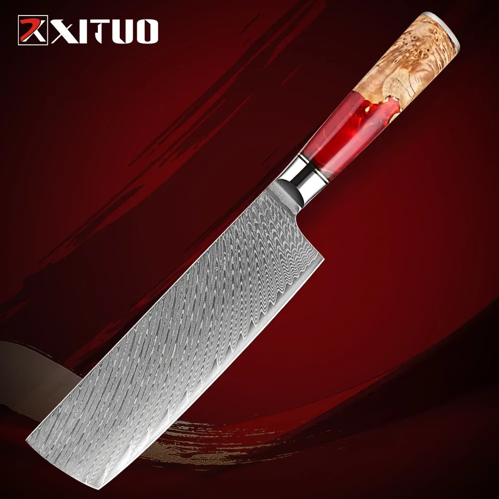 Nakiri Messer 7 Zoll Japanisches Küchenmesser Nakiri Chef Messer 67-Schicht VG10 Damaskus Stahl Gemüse rotes Harz stabilisiertes Holz