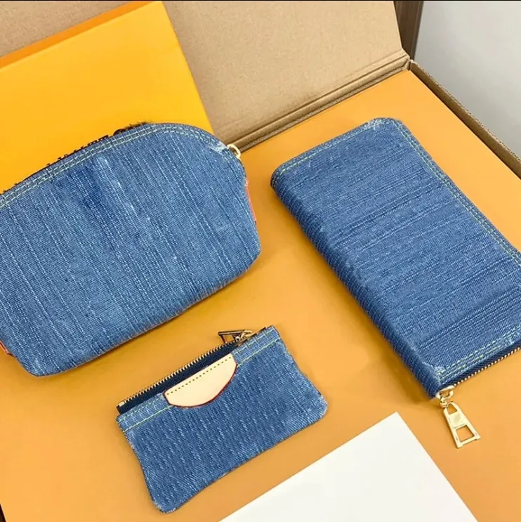 Cowboy plånbok lång handväska blå nyckelkedja skal handväska kosmetisk väska denim plånböcker blixtlås.