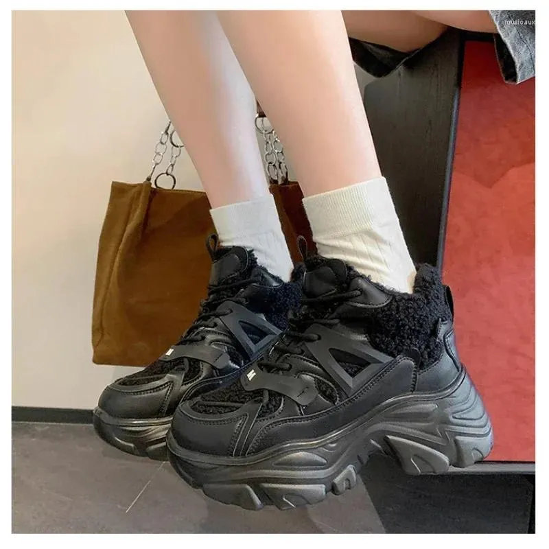 Повседневная обувь высокие каблуки Твердые кроссовки для женщин 2024 Зимние шнурки для Ladies Leisure Platform Женская вулканиза