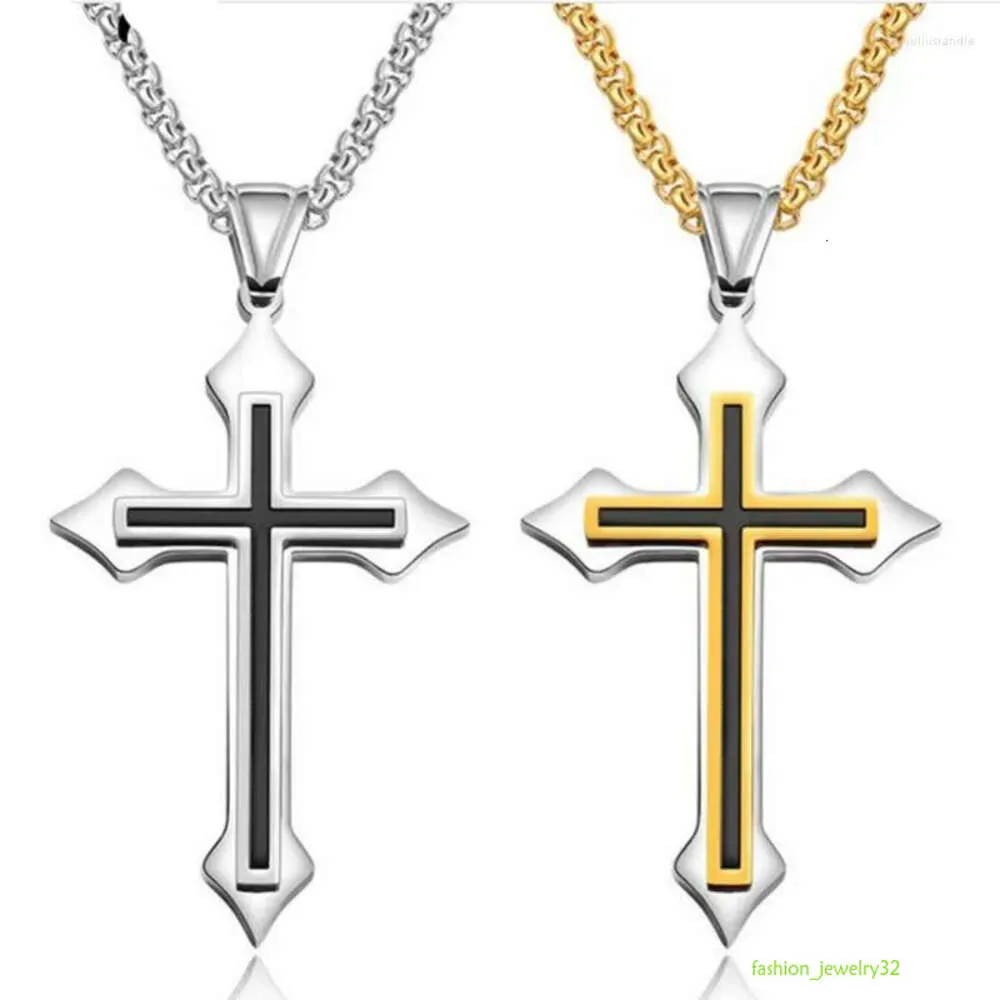 Collares colgantes Collar cruzado para hombres oro Sier Negro de acero inoxidable Cadena de joyería religiosa para mujeres