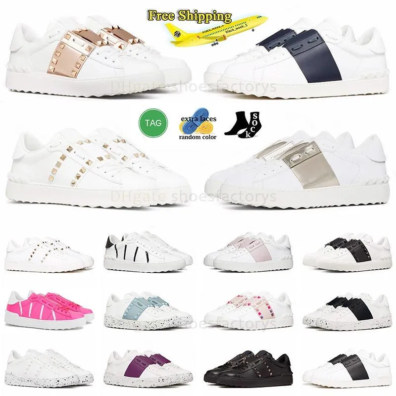 Kalvskinn läder kvinnor män designer skor öppna sneakers vit svart ros rosa silver lyxig avslappnad plattform öppnar sneaker denim platt tränare storlek 36-46