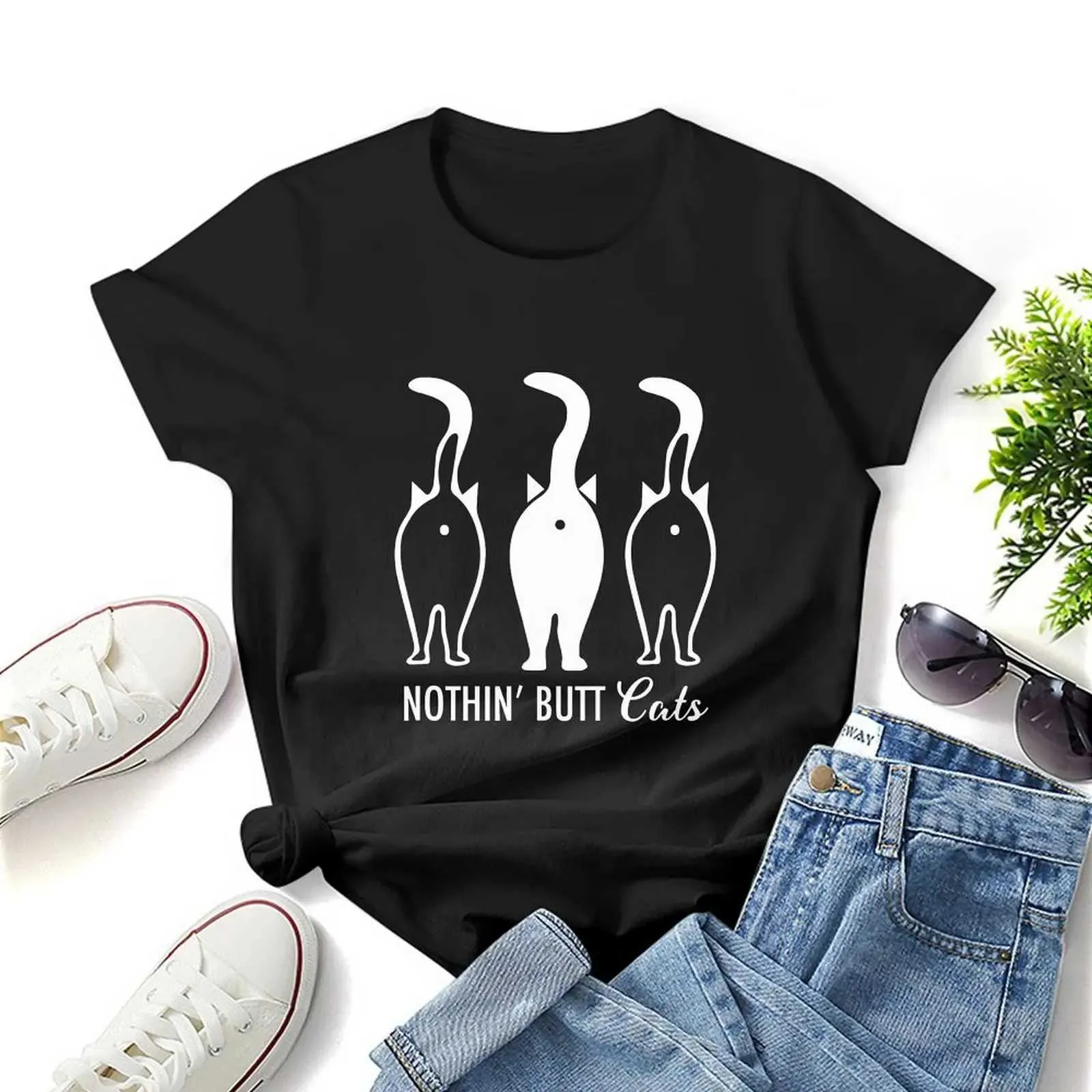 T-shirt femminile divertente NOTHIN CHUT CATS BATTHOLE GAT THSHIRT FACCHIT SHIRT GRAFICA CASA CAVIO SHATH SHORT FEMMILE T-SHIRT T-SHIRT SIGLIE S-4XL Y240506