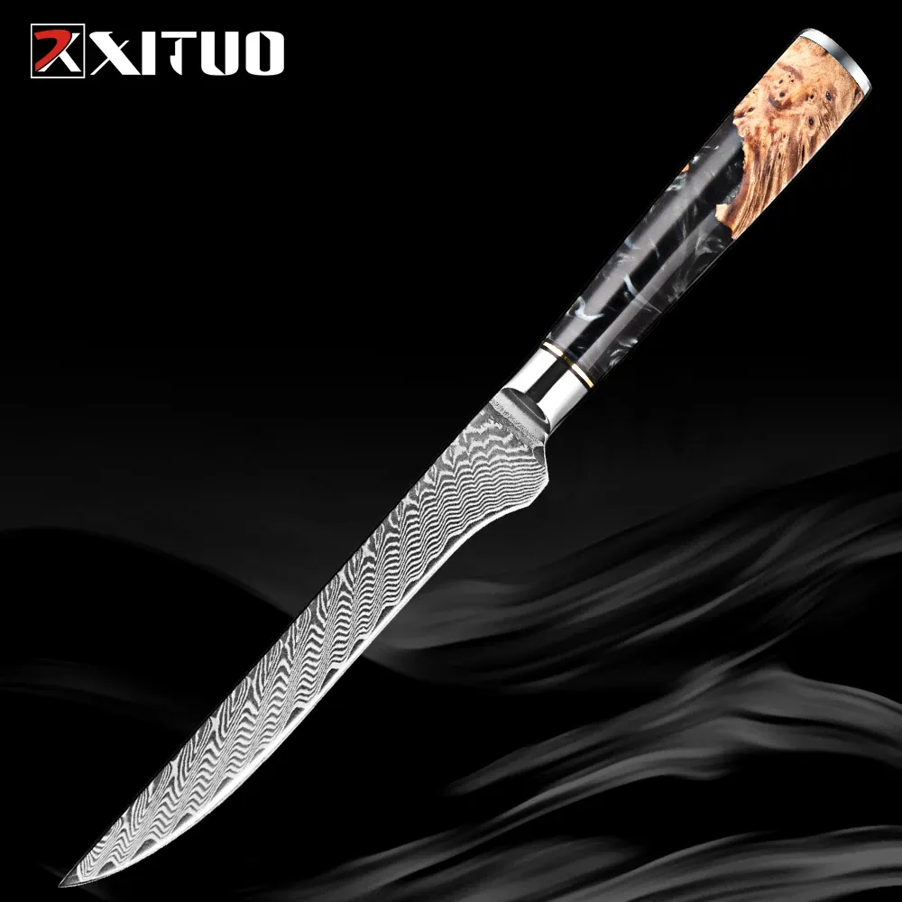 Couteau à désosser 6 pouces VG-10 Damas Steel Couteau de filet japonais Pro couteau de coupe pour viande, poisson, dégastinement en résine noire en bois stabilisé